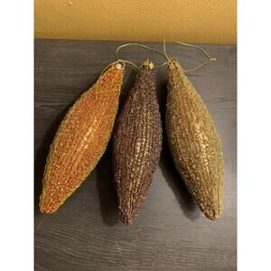 3 Vintage Beaded Jeweled Christmas Ornaments 9” Sparkle Gold Sequin Icicle